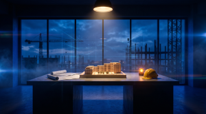 Cunliffes Construction Cyber Essentials case study - modern construction office at dusk with architectural model, blueprints and electric blue cyber security overlay
