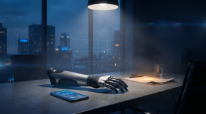 Apputee Cyber Essentials Plus case study - modern startup workspace at dusk with prosthetic forearm, healthcare app interface and electric blue cyber security overlay