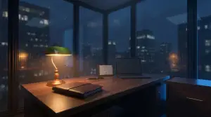 Hope After Harm IASME Cyber Assurance case study - dignified advisor office at dusk with secured client folder, certificate and locked filing cabinet under brand blue glow